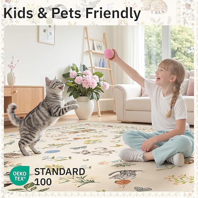 Soalmost Cat 9x12 Area Rugs for Living Room, Machine Washable Animal Floral Vintage Rug Non-Slip Low Pile Soft Throw Large Rugs for Bedroom Dining Room Kitchen Nursery Playroom (9 x 12,Beige)