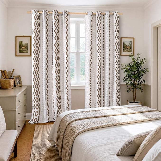 BGment Taupe Boho Curtains with Tufted Pom Stripe, Linen Jacquard Geometric Pattern with Grommet for Bedroom Living Room Light Filtering, 2 Panels Set, 52 X 90 Inch