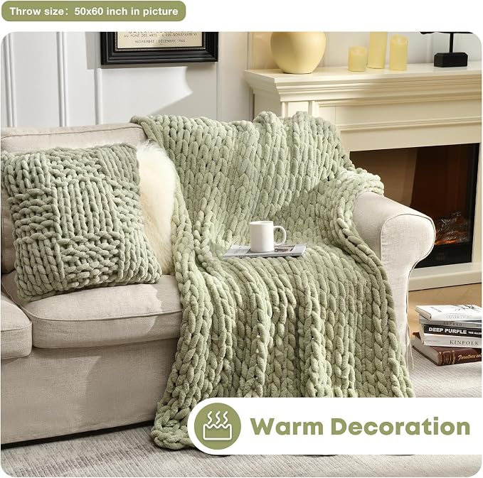 Soft Chunky Knit Blanket, 50X60 Inch Handmade Thick Chenille Yarn Throw Without Shedding & Raveling, Aesthetic & Cozy Home Decor with Couch Sofa Bed, Gift Pack, Sage Green
