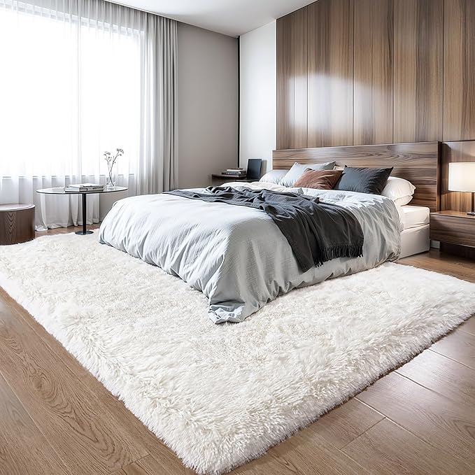 KICHOWUA Thick Area Rug 4x6 Cream White Fluffy Shag for Bedroom, Soft Washable Fuzzy Shaggy Non-Slip Plush Carpet for Living Room, Modern Furry Rugs for Kids Nursery Baby Boys Girls Dorm, Ivory