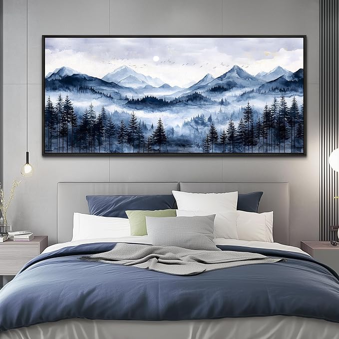 ERQINHUA Canvas Wall Art For Bedroom Large Wall Decor For Living Room Office Mural Misty and Fog Forest Painting Mountain Landscape Picture Artworks Home Decor Black Framed Ready To Hang 32x72 In