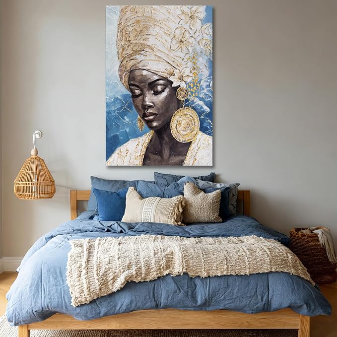 Dolidoteart Blue Gold Black Woman Wall Art, African American Canvas Print Wall Decor for Living Room Bedroom Office, Modern Portrait Artwork, 24x36 Inch