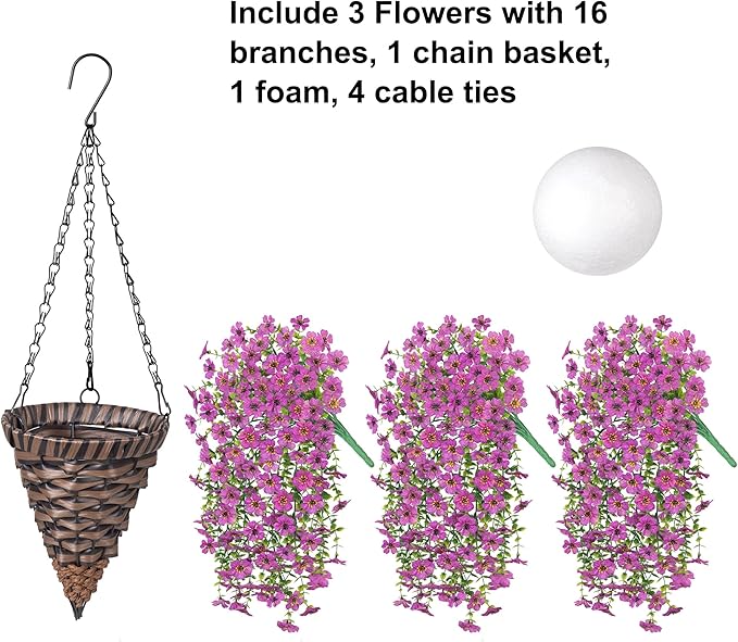 HyeFlora Artificial Hanging Flowers Basket for Outdoor, Fake Flowers Faux Plants Look Real for Yard Gardens Porch Patio Home (Purple)