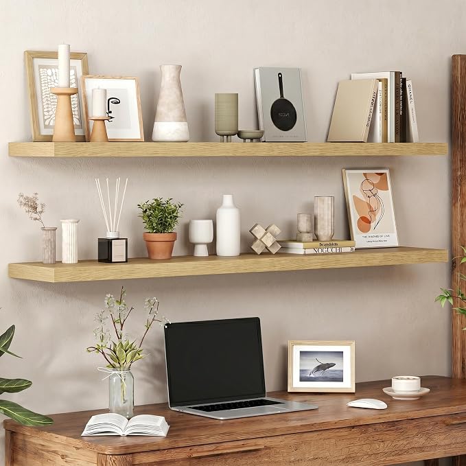 Heimlove 55 Inch Long Floating Shelves for Wall, 9.3" Deep Oak Floating Shelves Set of 2, Large Display Shelf & Storage Shelf, Wall Mounted Shelves for Bedroom Living Room Kitchen Office