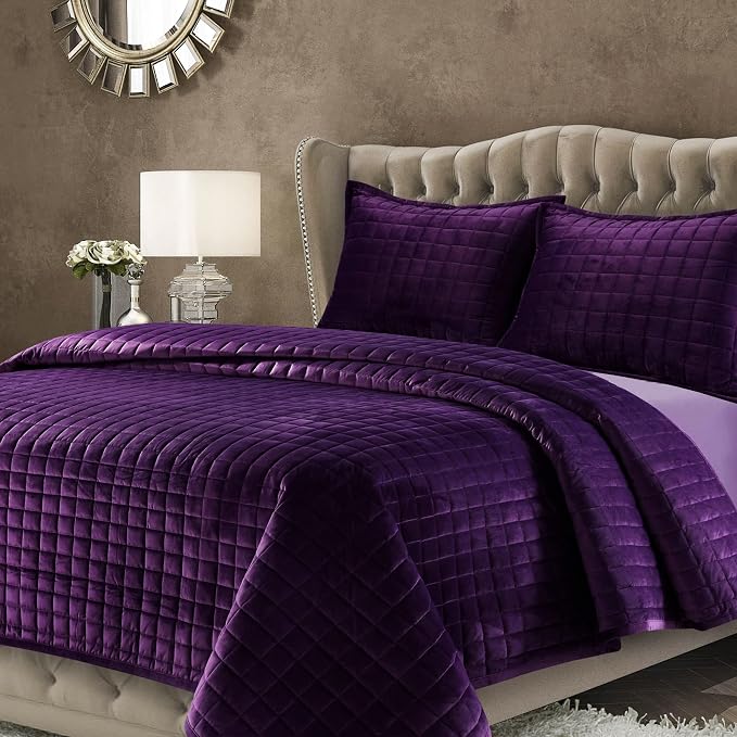 Tribeca Living Luxury Velvet Quilt Twin Size Set - 260GSM Ultra-Soft Oversized Velvet Bedspread Comforter Set with 1 Sham, in Florence Purple
