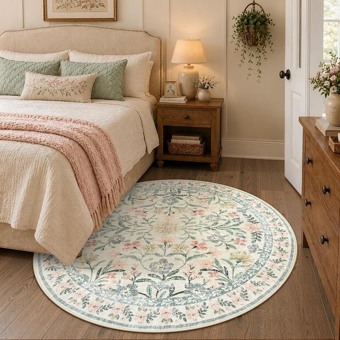 Wonnitar Round Washable Rug, Soft Floral Round Rugs 5ft Circle Carpets for Bedroom Ultra-Thin, Boho Beige Print Distressed Circular Carpet for Living Room Dorm Bedside