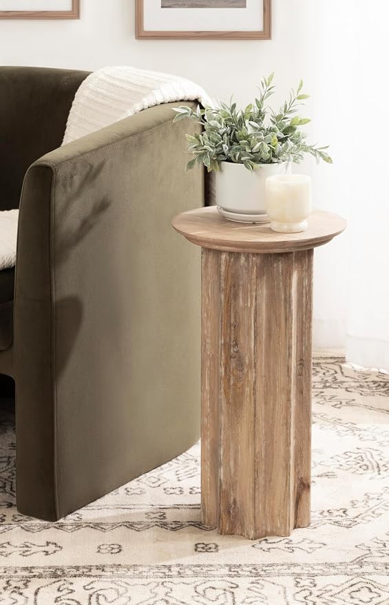 Kate and Laurel Gierson Modern Wooden Round Side Table; 12 x 12 x 22; Light Natural; Transitional Scalloped Wood End Table for Use as Bedroom Nightstand or Living Room Accent Table