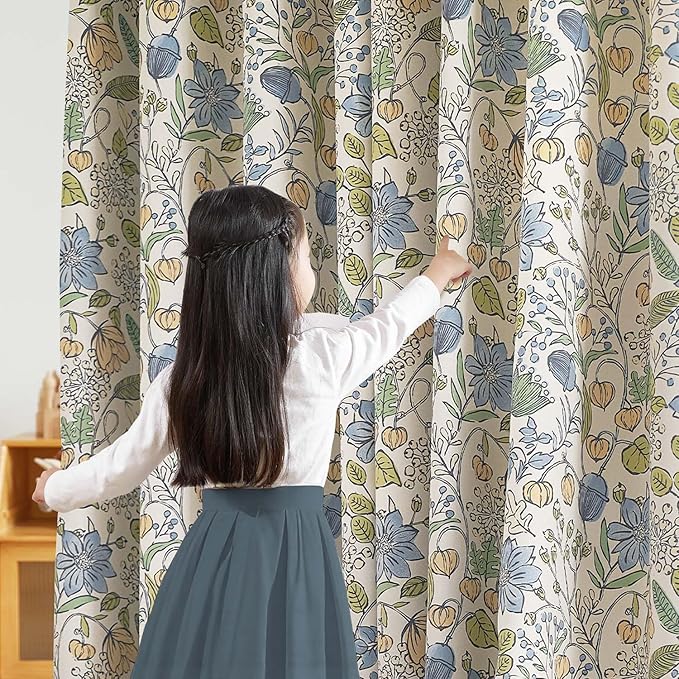 jinchan Nursery Curtains 95% Blackout Blue Floral Curtains for Kids Room, 84 Inch Length Farmhouse Drapes for Bedroom Living Room Darkening Window Treatment Grommet Top Set of 2 Panels