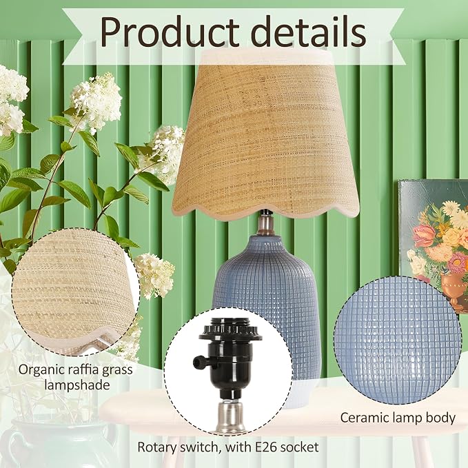 Pia Ricco Set of 2 19" Modern Ceramic Table Lamp for Living Room Gray Blue Base Desk Lamps for Bedroom Farmhouse Bedside Nightstand Lamp End Table Lamps,Bule,Rattan Shade