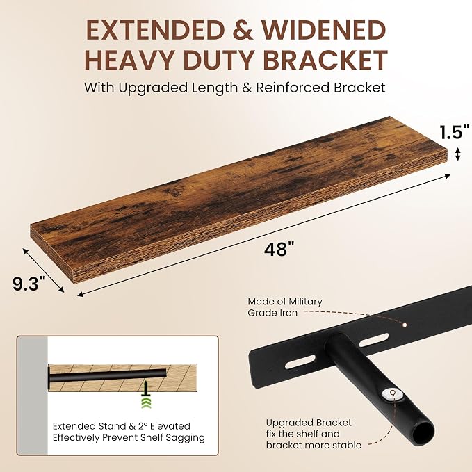 Dreamland 48 Inches Floating Shelves for Wall,9.3" Deep Long Floating Shelves Set of 1,Large Display & Storage Shelf,Wall Shelf for Bathroom Bedroom Living Room Kitchen Office,Rustic Brown