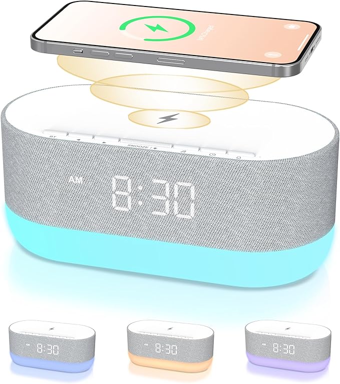 HOUSBAY 3 in 1 Sound Machine Alarm Clock& Wireless Charger: Soothing White Noise, Bluetooth Music Relaxation & Customized Sleep-Wake Routine