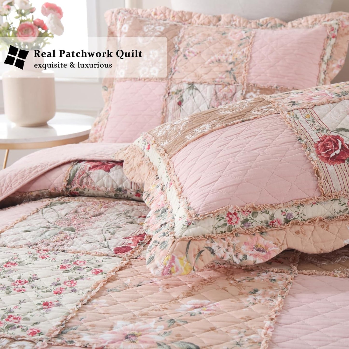 Yvooxny Quilts King Size Patchwork Pink Floral Quilt Set Vintage Shabby Chic Botanical Floral Quilted Bedspread 3-Piece Quilt Set with Ruffle for All Seasons, King Size, 106 * 98 Inches