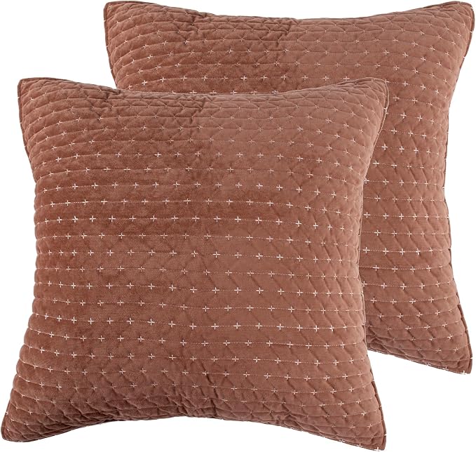Levtex Home - Velvet Stitch - Euro Sham Set of 2 - Cross Stitch - Rust and White - (26x26in.), No Insert - Polyester