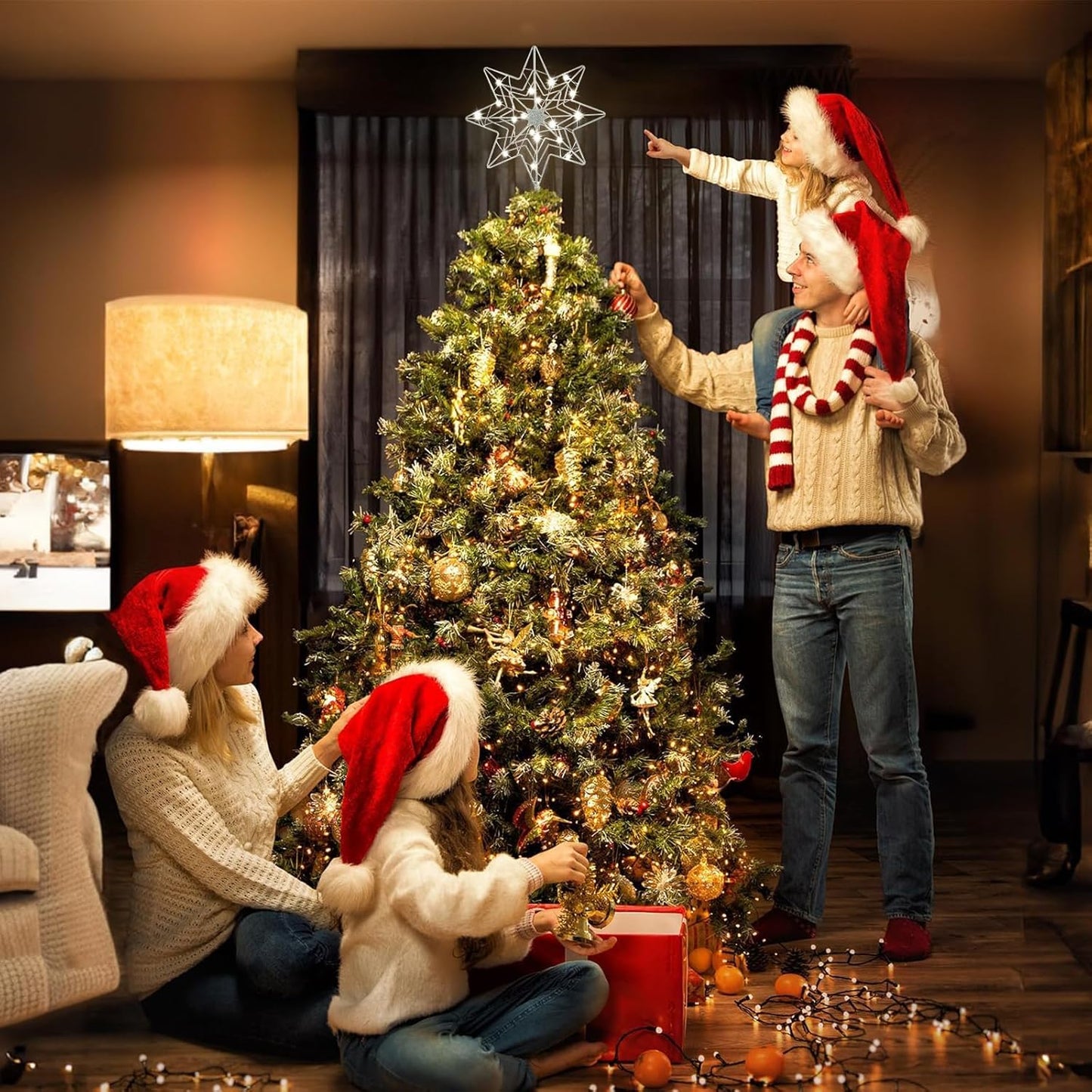 hogardeck Christmas Tree Topper, Glittered Silver 8-Pointed Star Tree Topper for Christmas Treetop, 20 LED Timer Sparkling Tree Toppers for Christmas Tree Decorations