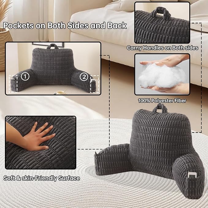 Reading Pillow for Sitting in Bed with Arm,Gray Corduroy,M | Sitting Pillow for Teens Back Support,17" Backrest Pillow Supports Reading,Gaming & Relaxing in Bed,Couch,or Floor