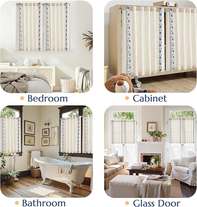 jinchan Small Window Curtains 54 Inch Length Linen Cafe Curtains for Kitchen Bathroom Floral Embroidered Short Drapes Rustic Farmhouse Light Filtering Curtain Set 2 Panels Blue on Beige