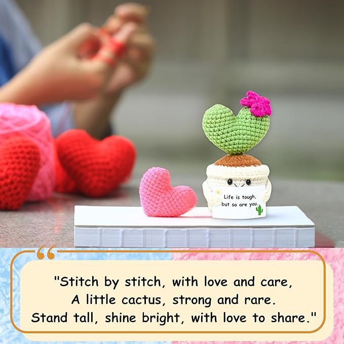 Get Well Gifts for Women, Handmade Crochet Cactus – Plush Plant Gift with Encouragement Card for Desk Decor, Home or Office Decoration