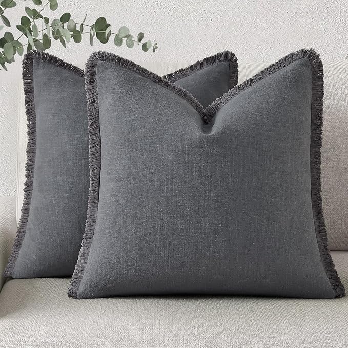 decorUhome Summer Decorative Neutral Linen Fringe Euro Sham Throw Pillow Covers Set of 2 Dark Grey Pillow Covers with Tassels Soft Farmhouse Boho Accent Pillow Cases for Couch Bed Sofa 26x26 Inch