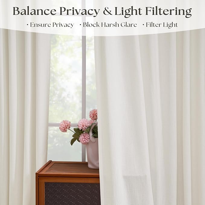 Natural Semi Sheer Linen Pinch Pleated Curtains 102 Inch Long | Neutral Cream, 102 inch Extra Long, Light Filtering Privacy, Living Room Bedroom, Flax Textured, Hook Ring Memory Shape, Boho