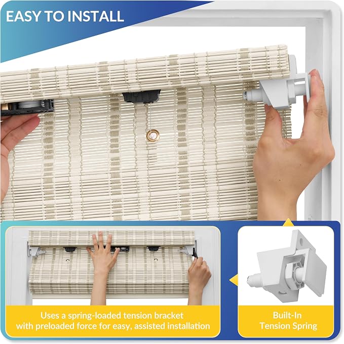 No Drill No Tools Bamboo Roman Shades, Cordless Light Filtering Window Blinds with Valance, Natural Woven Wood Shades for Living Room Dining Room, White（Sheer-View）, 22" W x 48" H
