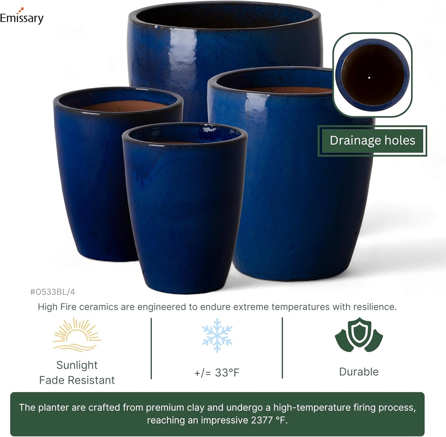 Emissary Home and Garden Bullet 12in., 14in., 15.5in., 21in. H Blue Ceramic Round Planters with Drainage Hole (Set of 4)