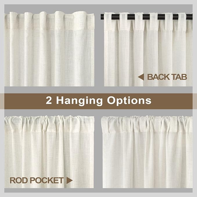 Pitalk 48 Inch Curtains for Cafe Kitchen Cream Linen Semi Sheer Short Curtains & Drapes Privacy with Light Filtering Curtain for Small Window 52 x 48 Inches Long Length 2 Panels Back Tab Ivory Colored