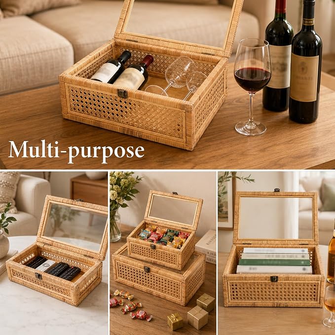 EupHHonycs Rattan Decorative Box with Lid Large Decorative Box Lid Display Rectangular Woven Boxes with Glass, Set of 2