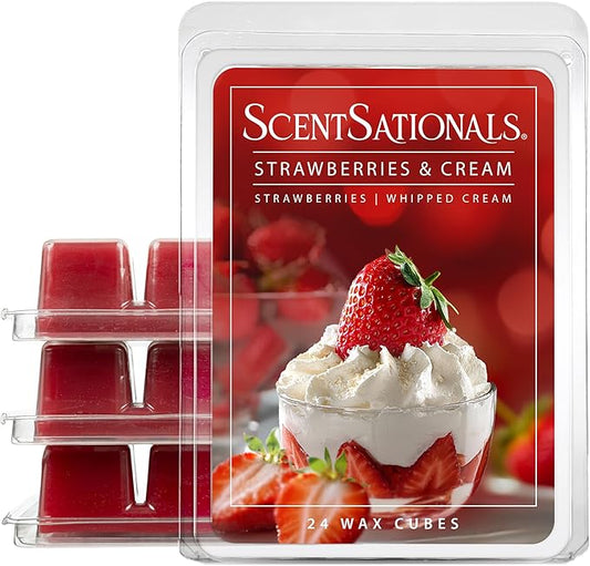 Scentsationals Wax Melts, Wax Cubes Strong Scent - Strawberries & Cream - Long Lasting Scented Melts for Warmer, 10oz (24-Cubes)