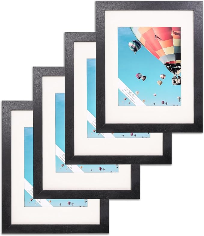 The Display Guys - Black Wooden Minimalist Picture Frames Set - Tempered Glass - 11x14 matted to 8x10 - Wall Hanging - 4-Pack