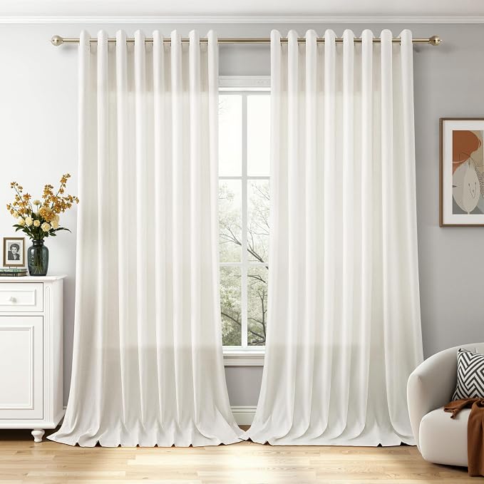 Extra Wide 100 Inch Linen Grommet Curtains for Living Room Semi Sheer Cream Patio Curtain Light Filtering Cloth Sliding Glass Door Drapes Floor to Ceiling Length 2 Panels Set Natural Ivory 100x102