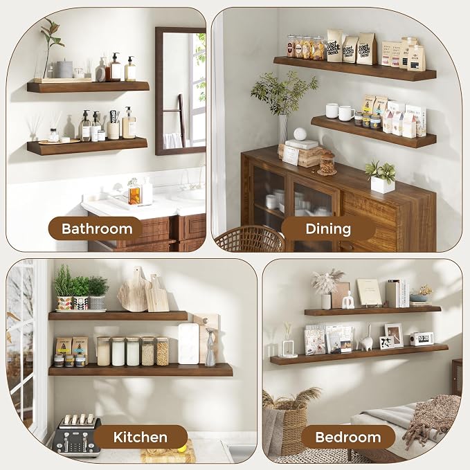 RICHFOCUS Live Edge Wood Floating Shelves for Wall 24" Natural Solid Wood Wall Mounted Shelf|8 Inch Deep Wooden Floating Shelves with Invisible Bracket for Bathroom Kitchen Room|2Pcs, Walnut