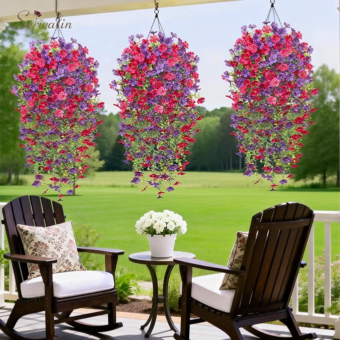 Serwalin 12PCS Artificial Hanging Flowers for Outdoors, UV Resistant Fake Hanging Plants, Realistic Weatherproof Outdoor Decor for Patio, Porch, Garden & Window (Purple& Hot Pink,12PCS)