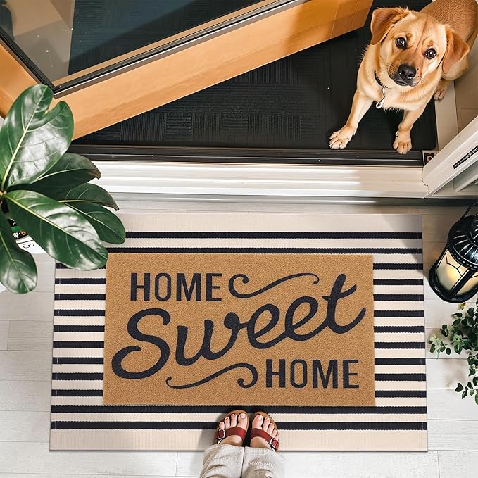 OLANLY Beige and Black Striped Rug 2' x 3' (24" x 36") – Washable Cotton Doormat for Indoor Outdoor Use, Layered Front Porch Rug for Entryway, Kitchen, Patio