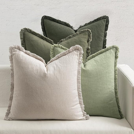 MIULEE Decorative Couch Pillow Covers Neutral Linen Fringe Throw Pillows Set of 4 Boho Farmhouse Soft Accent Cushions for Bed Sofa Living Room Spring Home Decor 22x22 Inch Beige/Sage Green
