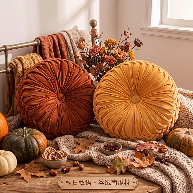 Drydiet 4 Pcs Round Throw Velvet Pillows Decorative Pleated Throw Pillows Diameter Accent Pumpkin Boho Chair Cushion for Couch Sofa Home Decoration (Burnt Orange,Yellow,15'')