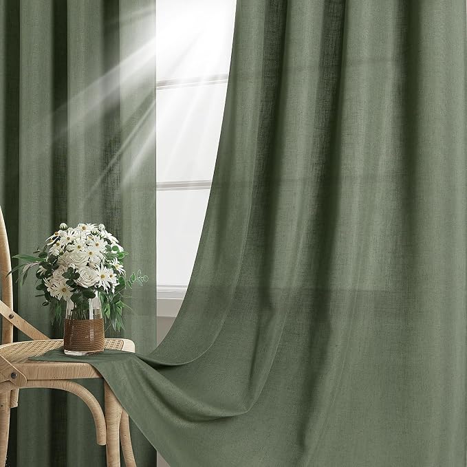 Olive Green Boho Curtains 63 Inch Length for Living Dining Room 2 Panels Set Grommet Light Filtering Linen Drapes Farmhouse Xmas Decor Semi Sheer Curtains for Bedroom Kitchen Window 63 Inches Long