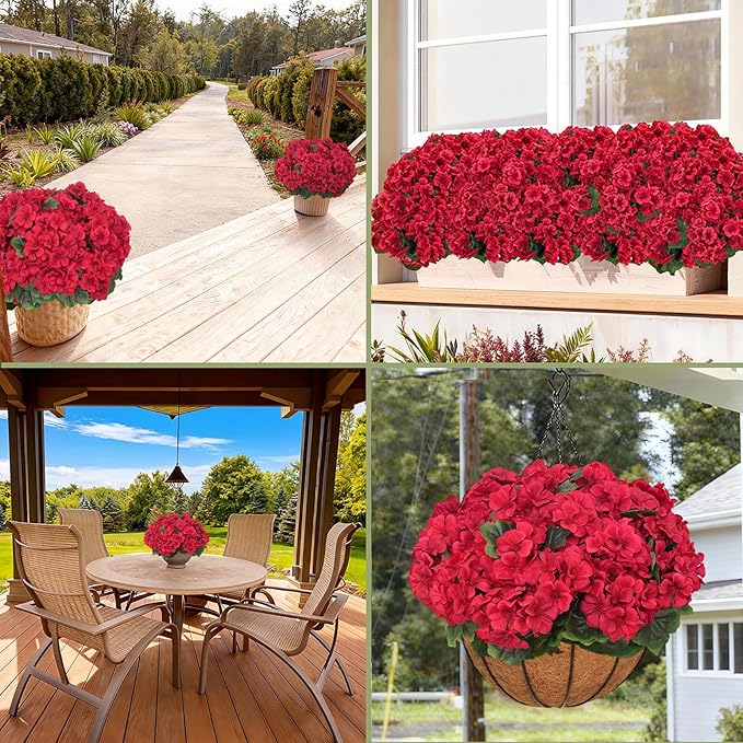 8 Pcs Artificial Geraniums Flowers for Outdoor Spring Summer Decor - UV-Resistant & Realistic Silk Faux Plants for Garden Porch Patio Yard Balcony Home Kitchen Table Centerpieces Decoration, Red