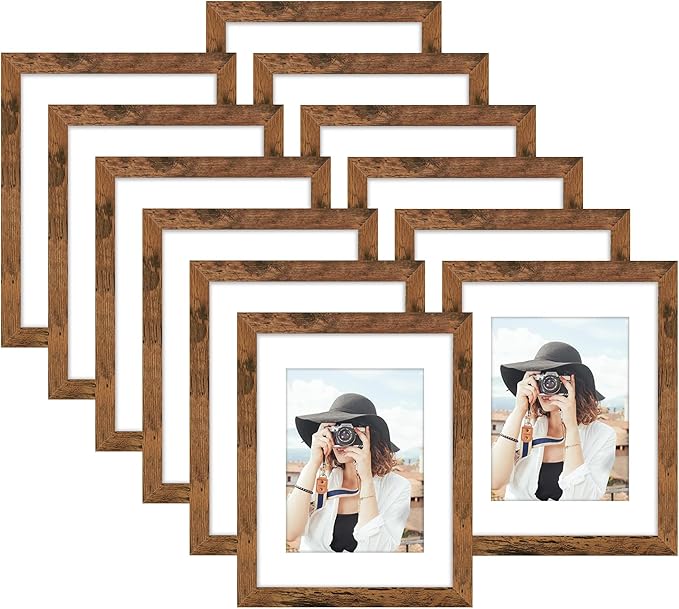 Picrit 8.5x11 Picture Frame Set of 12, Display 6x8 with Mat or 8.5 x 11 without Mat, Photo Frames for Wall Mounting or Table Top Display, Brown