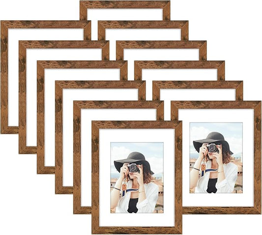 Picrit 8.5x11 Picture Frame Set of 12, Display 6x8 with Mat or 8.5 x 11 without Mat, Photo Frames for Wall Mounting or Table Top Display, Brown