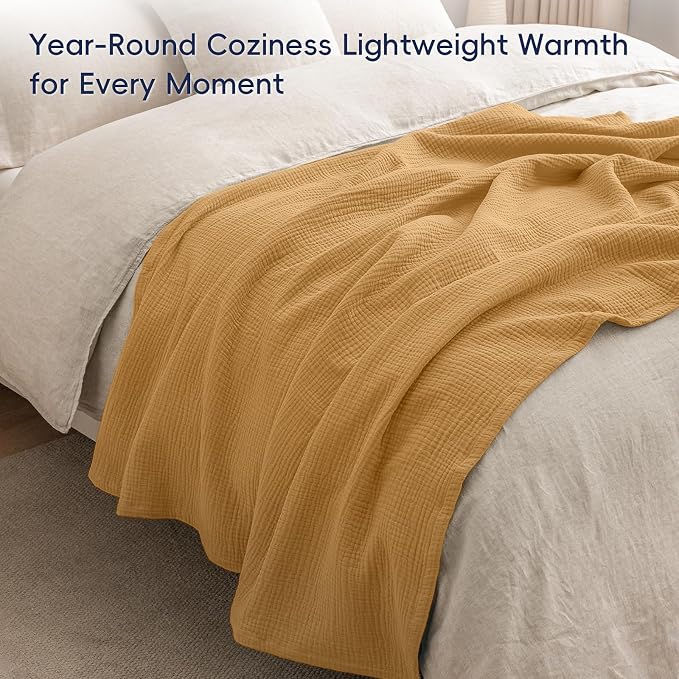 PHF 100% Cotton Muslin Throw Blanket 50" x 60", 4-Layer Lightweight Gauze Throw, Breathable Cloud-Soft Minimalist Blanket for Bed, Couch, Camping, Amber, Ideal Gift