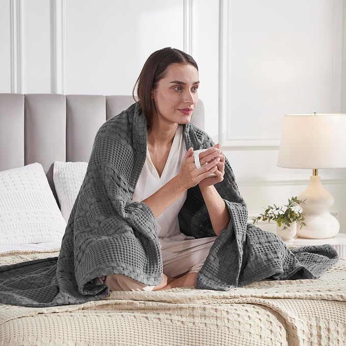 VHC Brands 100% Cotton Waffle Weave Dark Gray Throw 50x60, Decorative Cotton Throw Blanket, Boho Farmhouse Bedroom, Living Room Decor for Bed, Couch, or Sofa