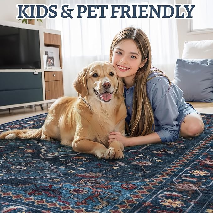 Tangsoo Blue Vintage 5X7 Washable Area Rug, Oriental Indoor Dining Room Rugs for Under Table, Non Slip Machine Washable Large Tumble Rug, Soft Low Pile Foldable Carpet for Bedroom Living Room