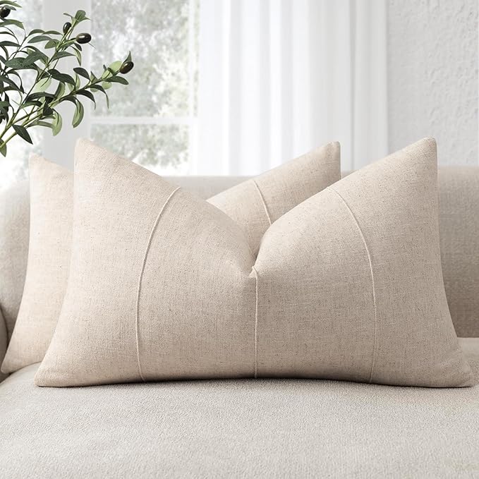 ZWJD 12x20 Pillow Covers Set of 2 Decorative Linen Solid Handcrafted Striped Throw Pillows for Bed Soft Modern Farmhouse Neutral Pillowcase for Couch Bedroom Living Room Home Decor(Natural Beige)