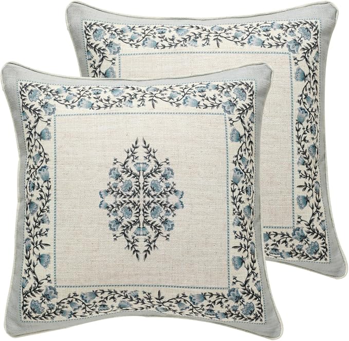 ISAENNE Designer Linen Throw Pillow Cover,Set of 2,18"x18"-Segerman A | Elegant Chinoiserie Square Pillow Cover,Concealed Zipper Design,Floral Pattern,Sofas,Bedroom,Living Room,Lounge Chairs