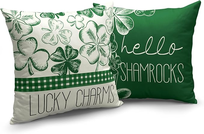 Green Lucky Charm Pillow Covers 18x18 Set of 2 Hello Shamrocks St Patricks Day Throw Pillow Covers Clover Hat Cotton Linen Cushion Case for March Holiday Home Outdoor Decor Sofa