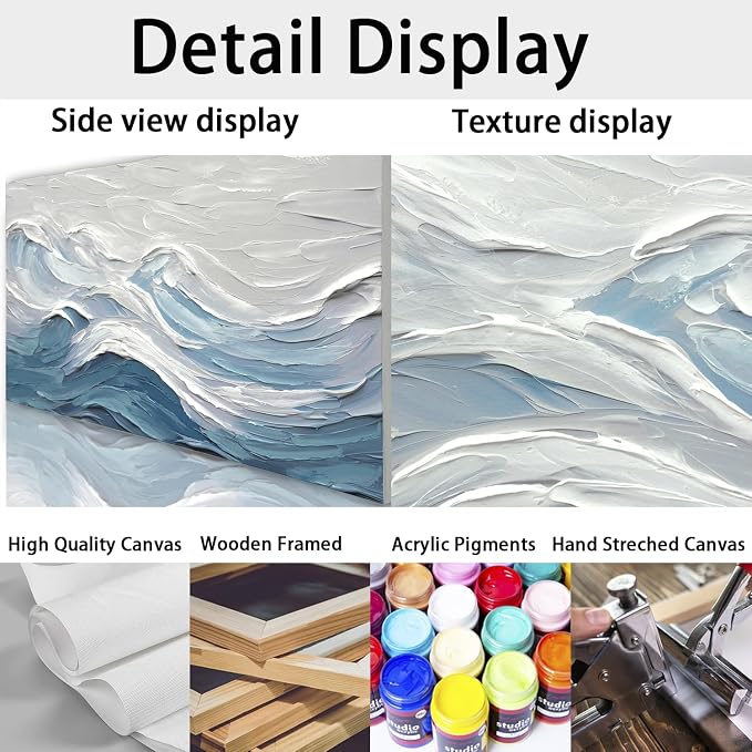 TRAIN2 ART Abstract Wall Art for Living Room Blue and White Ocean Paintings Wall Decor Modern 3D Textured Canvas Wall Art Large Artwork for Living Room Bedroom Office 24"x48"