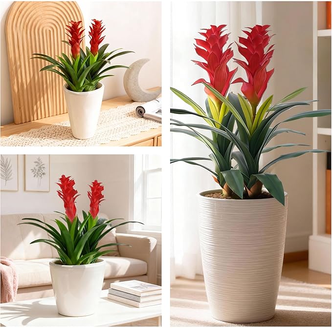 Ivydale Fake Flowers Plants for Outdoors, 2 Pcs 16.93" Bromeliad Artificial Flowers Uv Resistant Realistic Faux Flowers for Outdoor Planters Outside Porch Patio Yard Garden Indoor Decoration(Red)