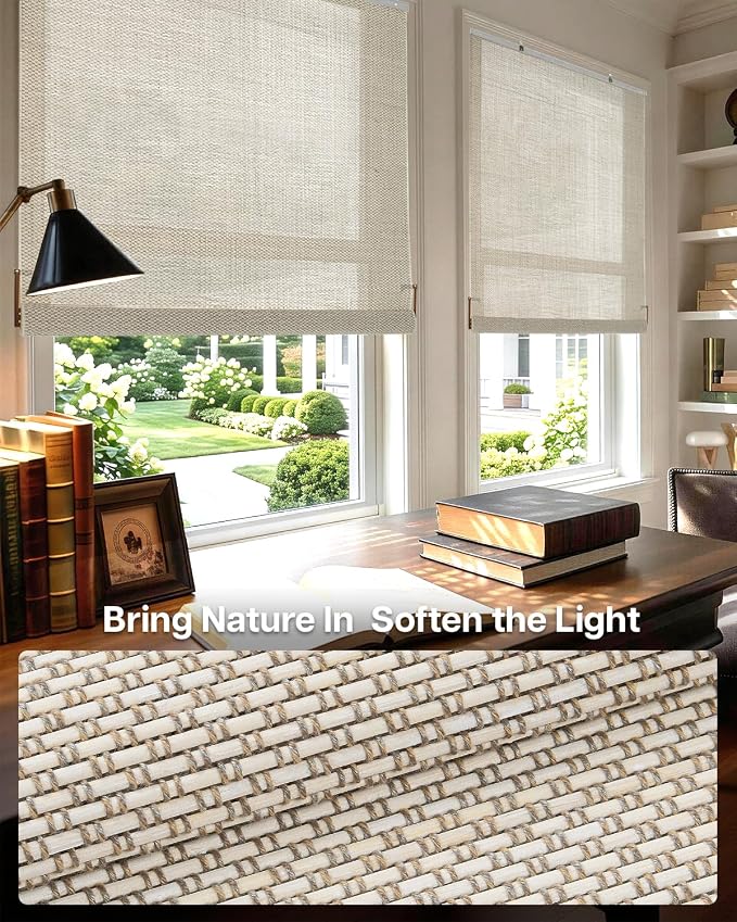 LazBlinds Manual Roll-up Bamboo Blinds, 46" W x 72" H, Star-Off White | Easy Install Roller Shades for Windows, Hook-On Light Filtering Bamboo Shades for Interior Indoor Windows