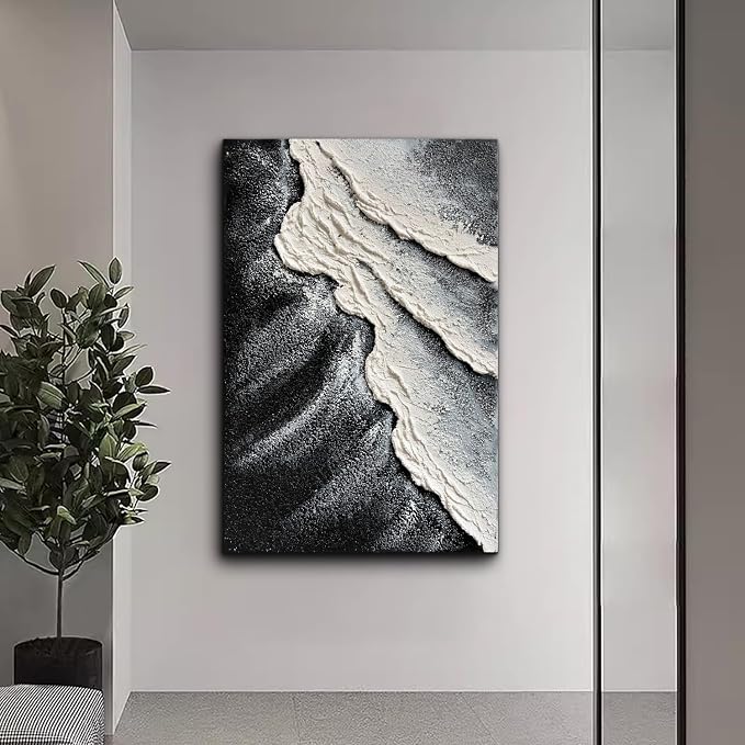 Creespi Hand Painted Black and White Abstract Canvas Wall Art 24x36 inch,Textured Ocean Wave Landscape Oil Painting Home Wall Decor