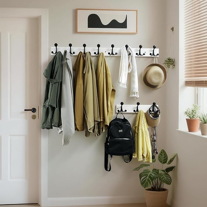 WEBI Coat Rack Wall Mount,17" Solid Wood Coat Hooks Wall Mounted Coat Hanger,16" Hole to Hole,Heavy Duty Hook Rack Rail,3 Triple Hooks for Hanging Coats,Jacket,Clothes,Hat,Backpack,White